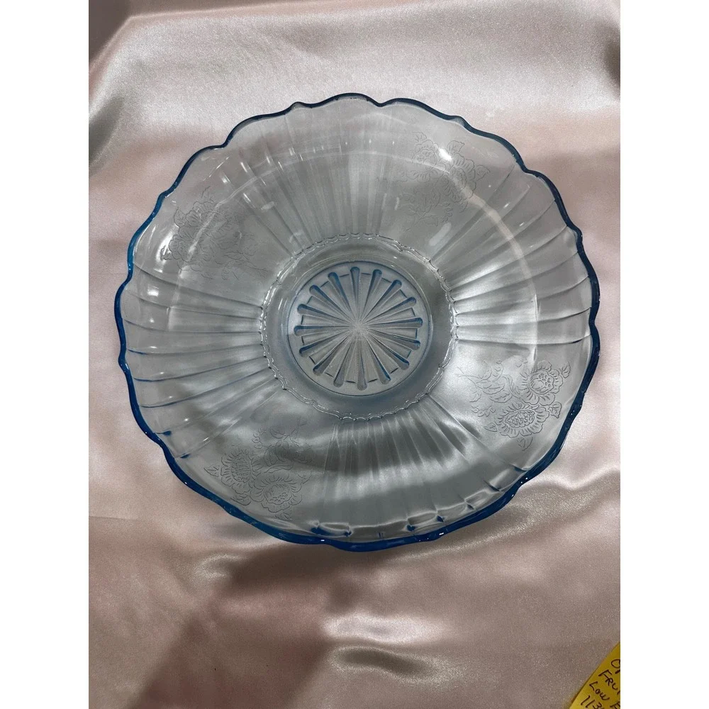 Anchor Hocking Uranium Blue Mayfair Open Rose Fruit Compote Console Bowl 11.75